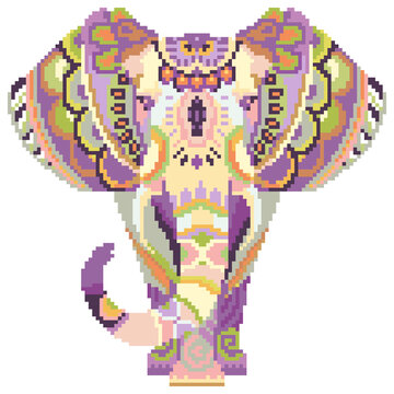 Pixel art ornate Indian elephant head with mandala patterns