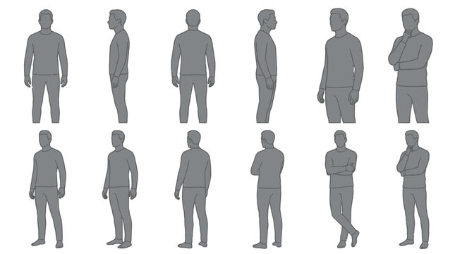 Male character design sheet showing various poses and angles in flat grey vector illustration style