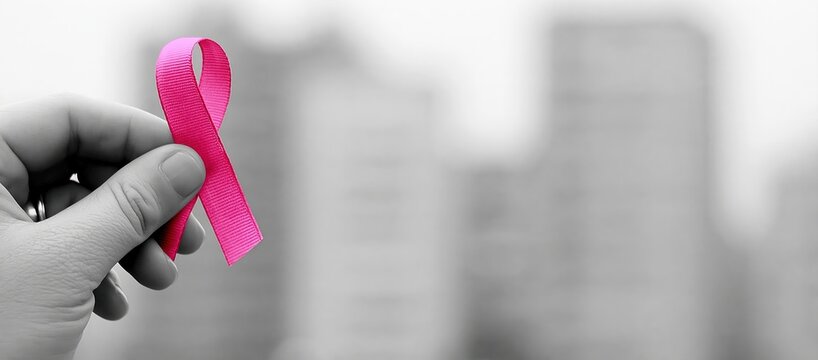 Awareness pink ribbon held in hand as a symbol of breast cancer support and hope for the survivor