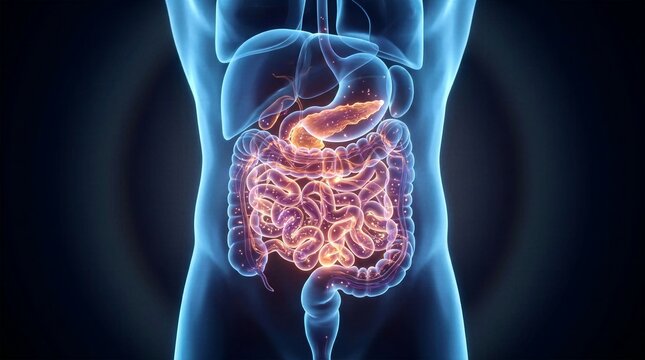 Human abdominal digestive system glowing pancreas and intestines