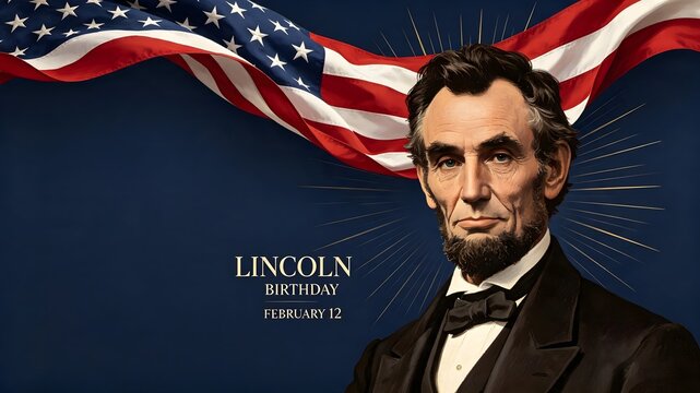 Abraham Lincoln Birthday Poster with American Flag and Golden Sunburst