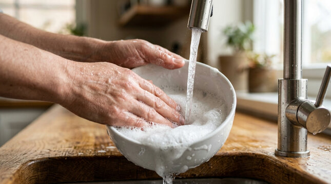 Hands washing a bowl under running water in kitchen sink with soap bubbles