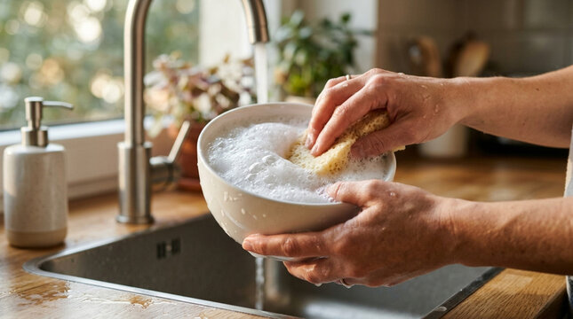 Hands washing a bowl with soap and sponge in a kitchen sink with running water