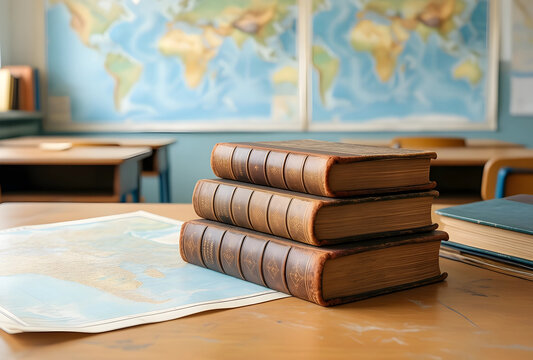Education and geography learning, stack of vintage books on a world map in a classroom for academic research and history studies in a school setting