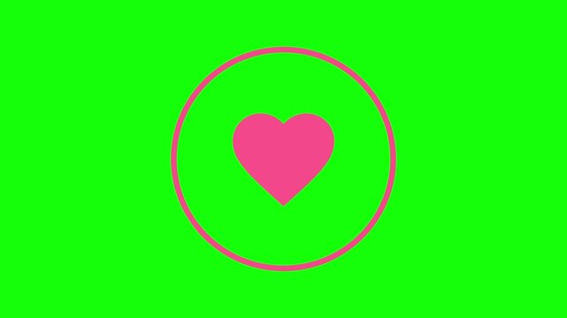 Like Heart Icon beating with mini icons flying out inside a ring frame, Green Screen Loop Animation