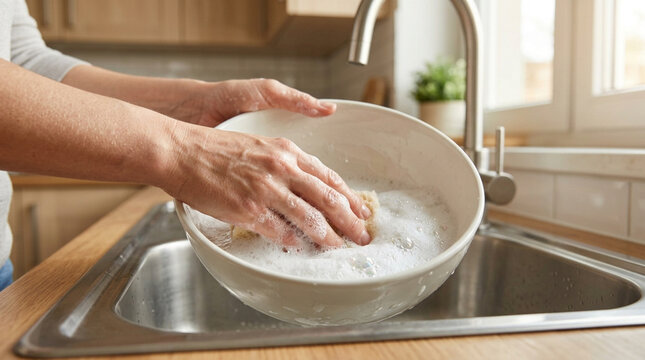 Hands washing a bowl in a kitchen sink with soapy water and sponge