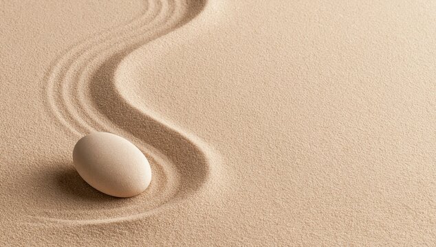 Zen stone resting on raked sand representing minimalism serenity meditation balance and harmony