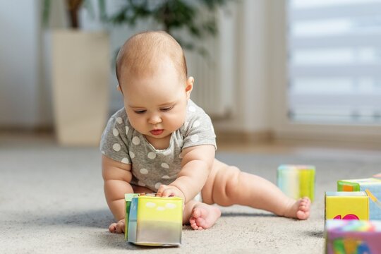 Baby reaching for colorful building block on carpet indoors