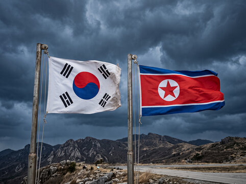 flags of south korea and north korea wave on metal flagpoles against dark storm clouds and a mountain landscape depicting historical division and geopolitical conflict