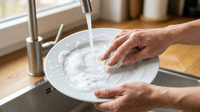 Hands washing a dirty plate with soap and sponge under running water in kitchen sink