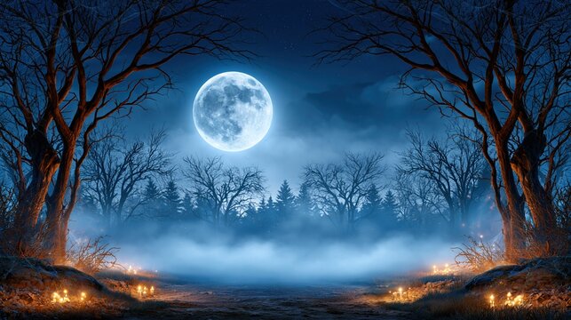 Eerie forest at night with full moon and glowing candles
