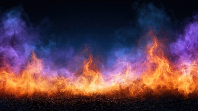 Fiery flames with purple and blue smoke against a dark background