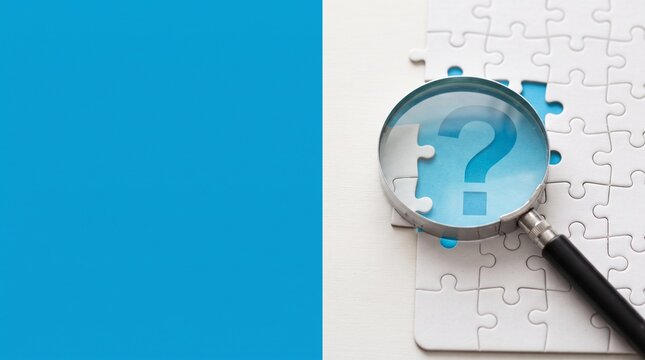 Magnifying Glass Examining Missing White Jigsaw Puzzle Piece Revealing Blue Question Mark Symbol