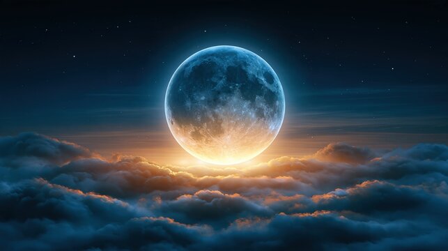 Full moon rising above clouds at night with stars
