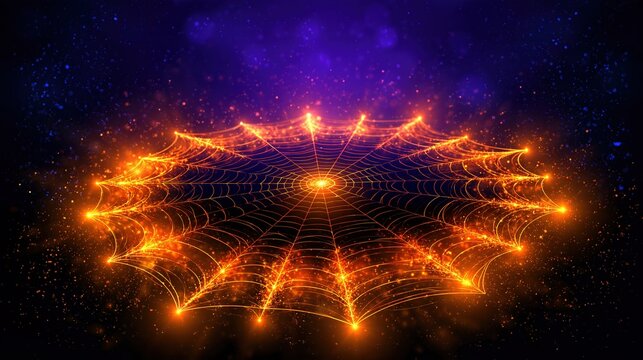 Glowing Spider Web with Fiery Particles on Dark Cosmic Background