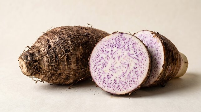 Close-up of a whole brown hairy taro root beside sliced pieces revealing white flesh with purple speckled patterns on a light background