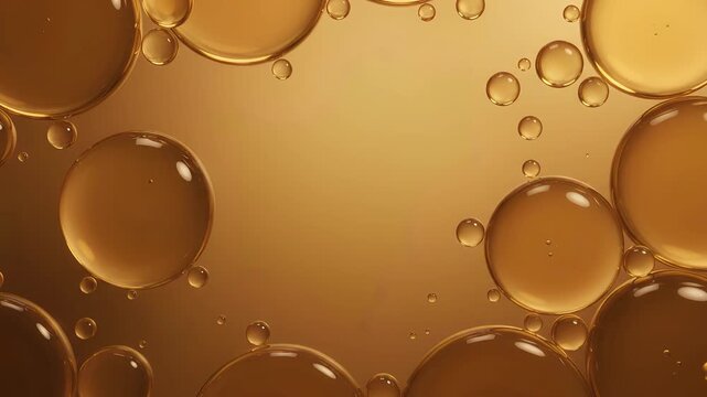 A luxurious macro stock video featuring shimmering golden oil bubbles within a clear liquid, creating an organic frame around an empty central space perfect for beauty products