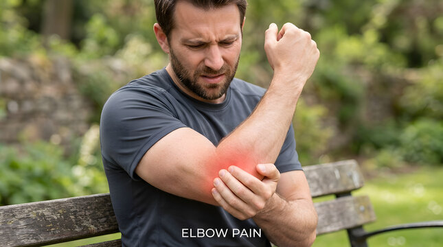 A man experiencing elbow pain, highlighted with a red glow on his arm. He sits on a wooden bench outdoors, his expression showing discomfort