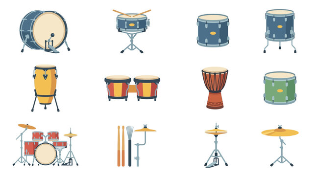 Collection of Diverse Drum Instruments and Percussion Gear, Isolated on White Background