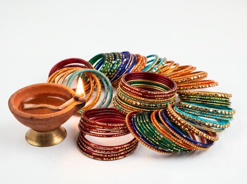 Traditional colorful Indian bangles arranged around a lit clay diya lamp on white background