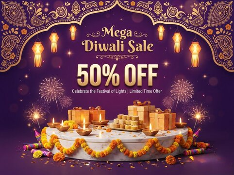 Mega Diwali Sale Horizontal Banner with 50 Percent Off and Festive Product Podium