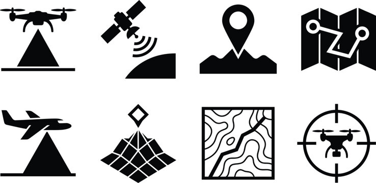 Geographic Information System GIS and Drone Surveying Silhouette Icon Set: LiDAR Scanning, Satellite GPS, Topographic Map, Aerial Photogrammetry, and Terrain Mapping Vector