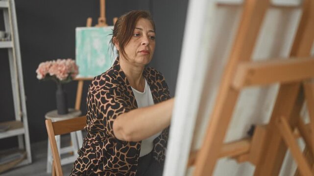 Woman painter painting on canvas in studio, seated at an easel applying brushstrokes with her hand, palette and floral still life nearby; concentration creativity.