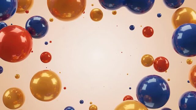 Dynamic 3D video background featuring a clean, empty central space framed by a swirling suspension of colorful glossy balls, ideal for product showcases and presentations