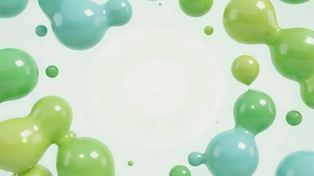 Abstract 3D video background featuring floating green and turquoise liquid drops forming a circular frame, perfect for modern cosmetic, skincare, and science product displays