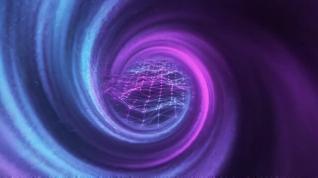 Neon digital vortex abstract background: glowing cyber mesh tunnel and data wave animation
