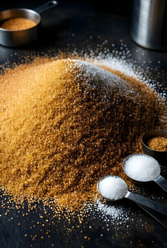 Sugar consumption and health risks, brown and white sugar pile with measuring spoons for baking and nutrition analysis in a dark kitchen environment