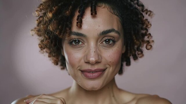 Posing woman hands clasped turning to camera as camera dollying in, showing dewy skin