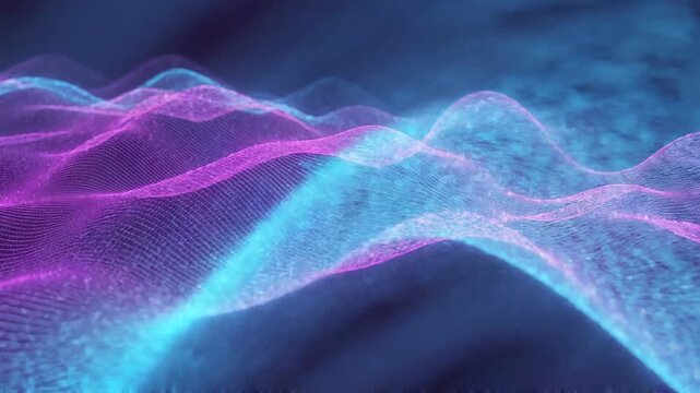 Neon digital wave abstract background: glowing purple and blue particle flow motion