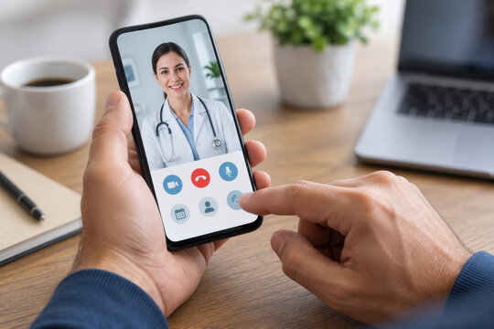 Online healthcare app telemedicine consultation on smartphone closeup male hands using virtual doctor video call interface remote medical appointment digital health platform