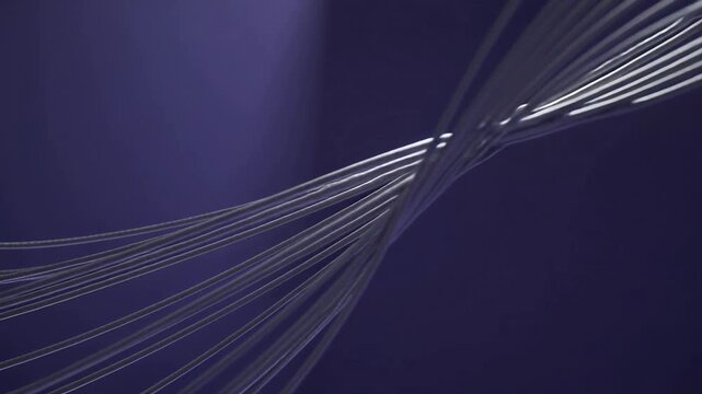 Flowing silver strands entering upper-left, fanning, crossing on purple backdrop, reflecting light