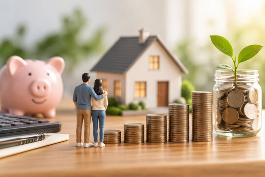 Couple planning family budget and mortgage savings with stacked coins house model piggy bank jar investment and joint wealth management future financial planning for partners
