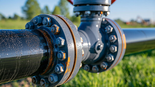Photo macro of bolted steel pipe flanges and industrial fittings covered with delicate morning dew droplets, subtle rust around bolt heads and edges, small areas of worn protective paint, blurred gr