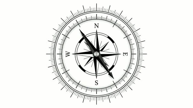 Black and White Compass Animation with Rotating Needle on White Background, Navigation Icon