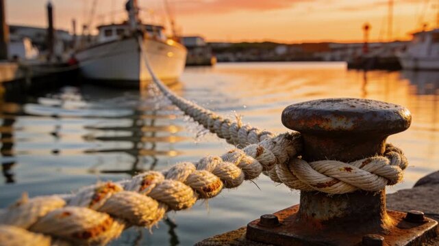 Pulling focus camera revealing rusted bollard and frayed rope on quay at sunset for detail