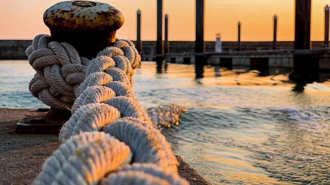 Lapping waves from swell nudging thick rope and rusty bollard on dock, catching sun reflections