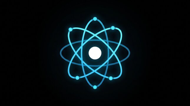 Glowing Blue Atom Model with Nucleus and Orbiting Electrons on Black Background for Science Research
