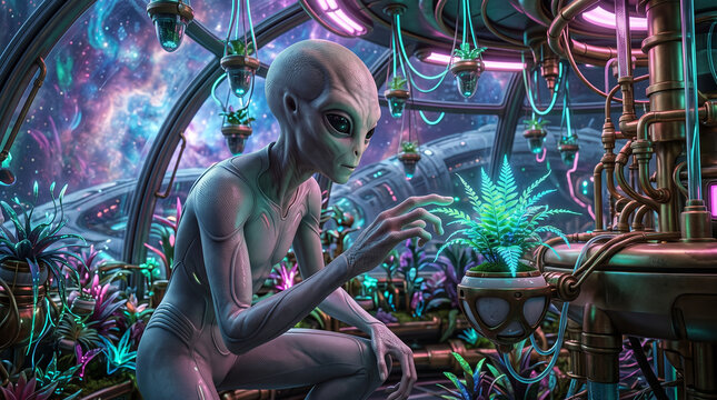 Alien examining glowing plant in futuristic spaceship greenhouse with space background