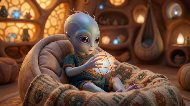 Cute baby alien sitting in cozy chair holding glowing geometric toy in nursery