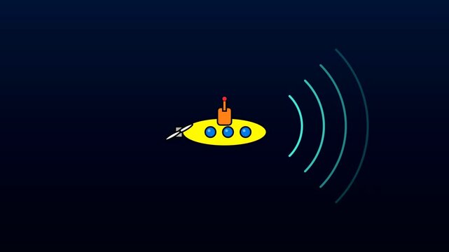 Animated submarine emitting sonar waves in deep ocean