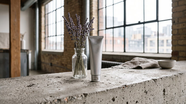 Blank cosmetic tube with lavender in glass vase on concrete ledge in industrial loft