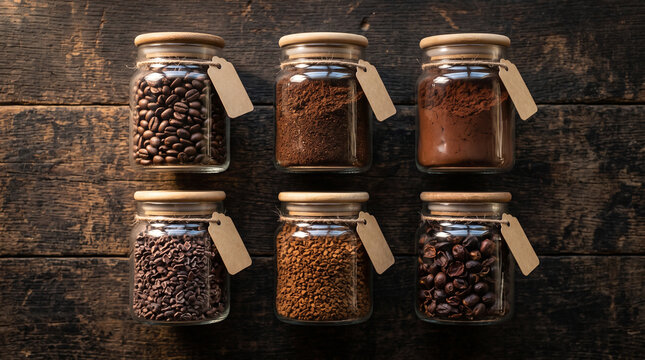 Assorted glass jars with coffee beans and ground powder on dark rustic wooden background