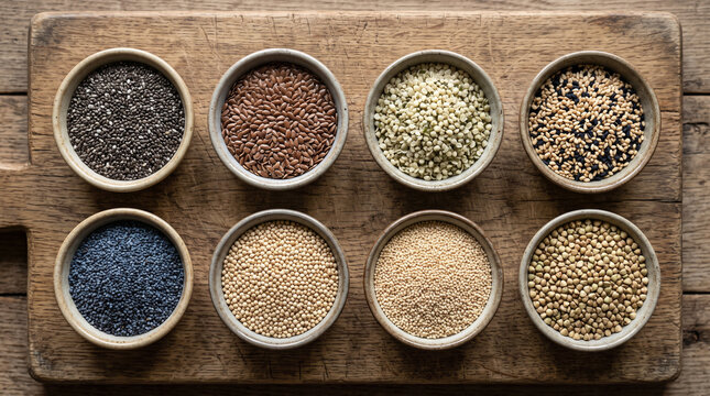 Variety of seeds and grains in ceramic bowls on rustic wooden board