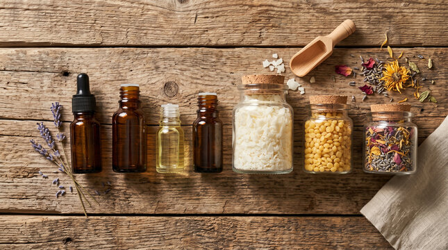 Essential oils and herbal ingredients in glass jars on rustic wooden background