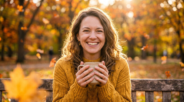 Happy woman in yellow sweater holding coffee mug on park bench in autumn
