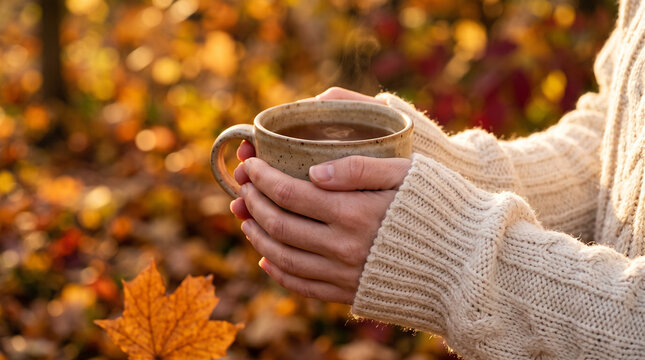 Woman hands holding steaming ceramic mug in autumn park wearing cozy knitted sweater